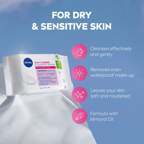 NIVEA 3in1 Caring Cleansing Wipes Dry Skin (25 Wipes), Plant-Based Makeup Remover Wipes, Face Wipes for Dry Skin, Gentle yet Effective Makeup Removal