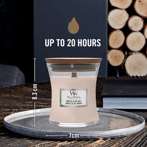 WoodWick Scented Candle with Crackling Wick | Vanilla & Sea Salt Mini Hourglass Candle | Up to 20 Hours Burn Time | Perfect Gifts for Women