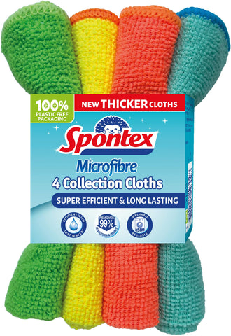 Spontex Microfibre Cloths for Cleaning | 4 Microfibre Collection Cleaning Cloths | For Use as Dusters, Dish Cloths & Kitchen Towels | 30 x 30cm | Assorted Colours | 4 Count