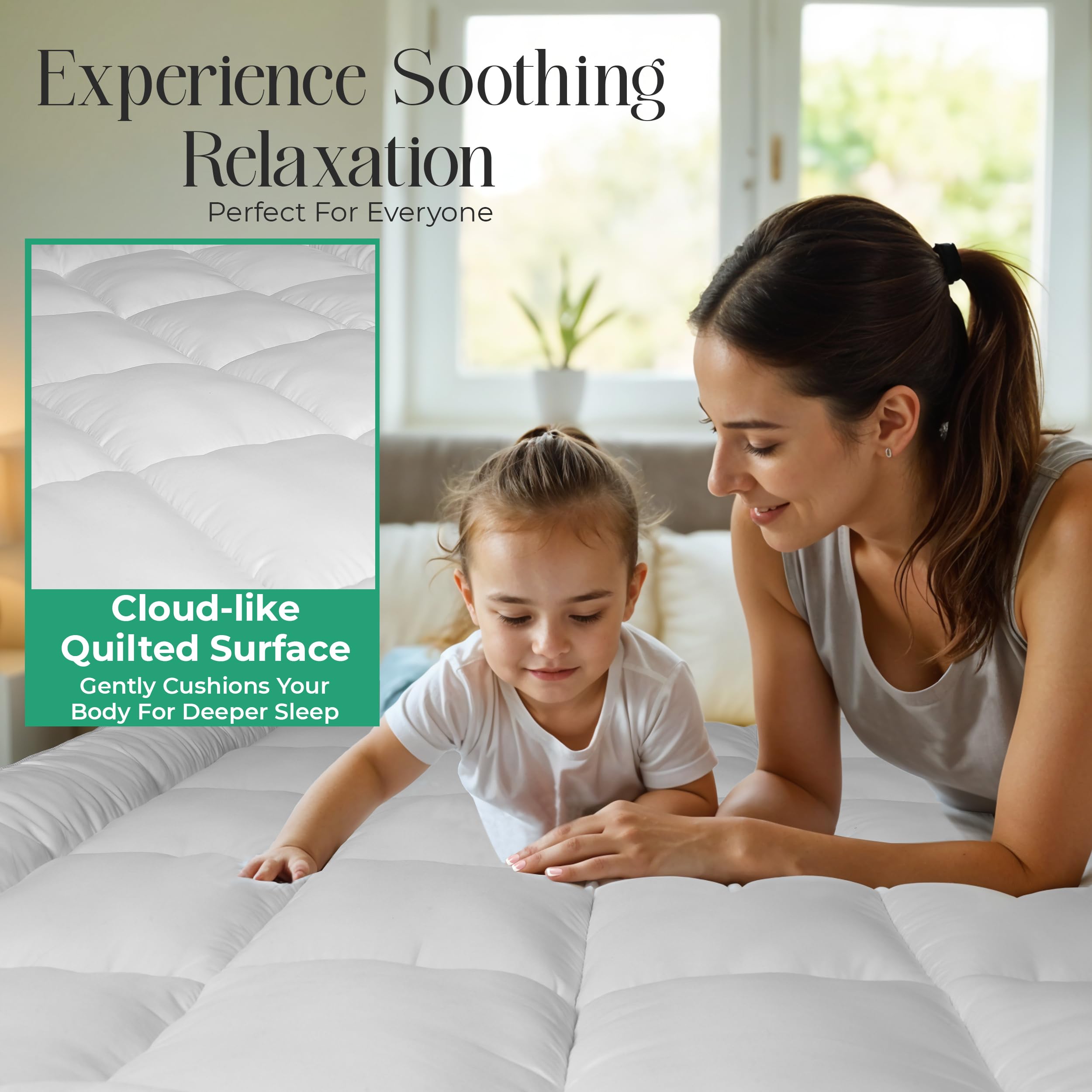 MightySoft Mattress Topper Double Bed 10cm Thick - Quilted, Extra Deep, Ultra Fluffy and Breathable Microfiber Topper, Securely Fits with Elastic Straps, Enhances Comfort & Supports Restful Sleep