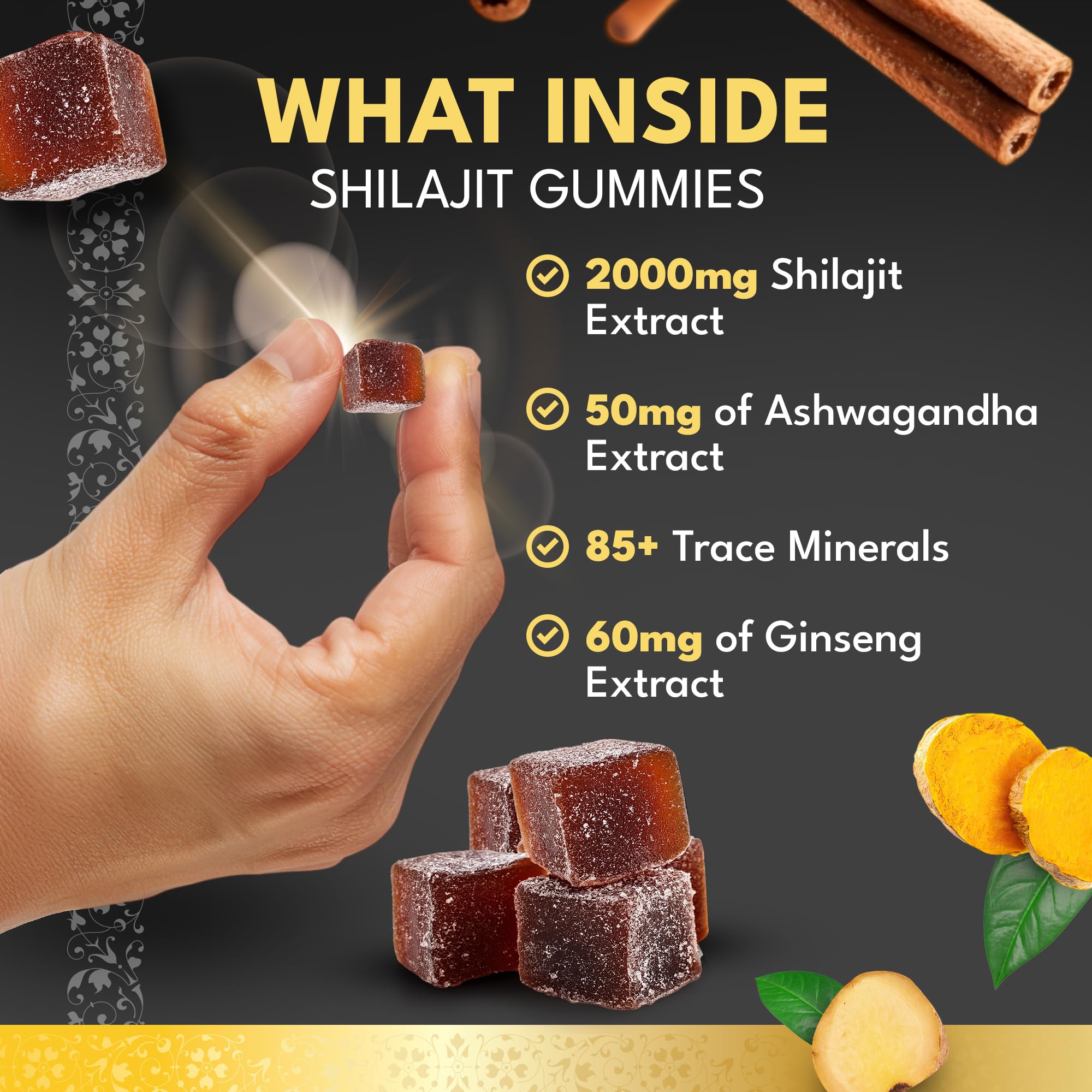 Supplmnt. 3000mg of Shilajit Gummies with 1500mg of Ashwagandha, Chaga Mushroom, Ginger, Turmeric, Black Seed Oil, Ginseng, Vitamins C, B12, D, Zinc, Ceylon Cinnamon, 60 Gummies (1 Pack)