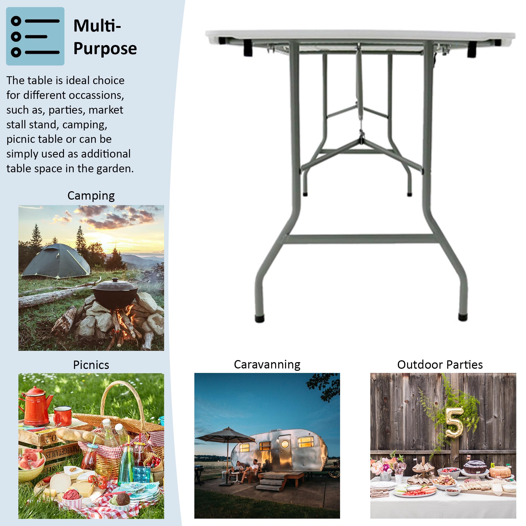 Home Vida Folding Table 6ft Heavy Duty Extra Strength Camping Buffet Wedding Market Garden Party Car Boot Stall Picnic Trestle Indoor Outdoor Foldaway Carry Handle