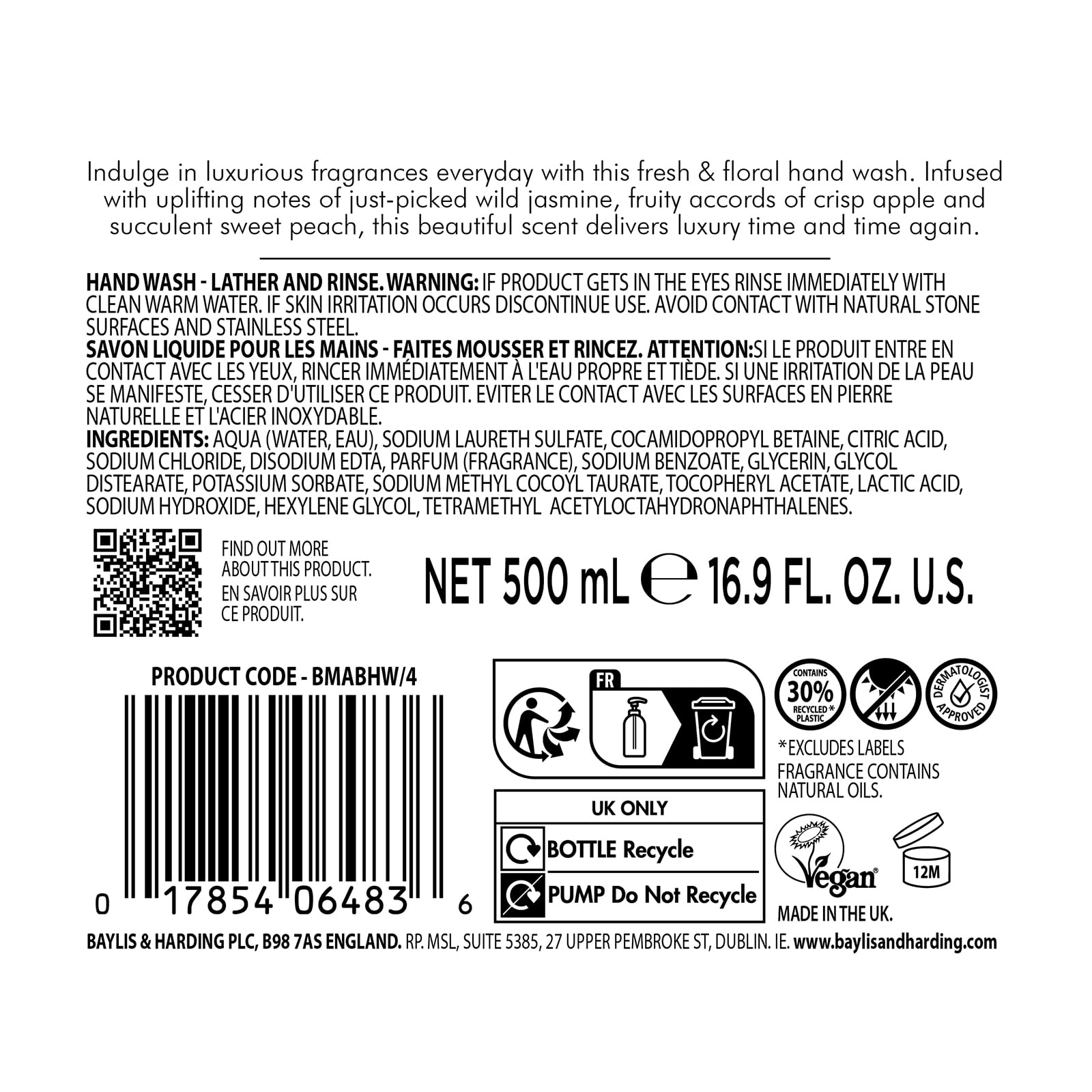 Baylis & Harding Jasmine and Apple Blossom Anti-Bacterial Hand Wash, 500 ml (Pack of 3) - Vegan Friendly