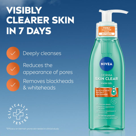 NIVEA Derma Skin Clear Wash Gel (150ml), Deep Cleansing Salicylic Acid Face Wash Enriched with Niacinamide to Cleanse Pores and Remove Impurities, For Blemish-Prone Skin
