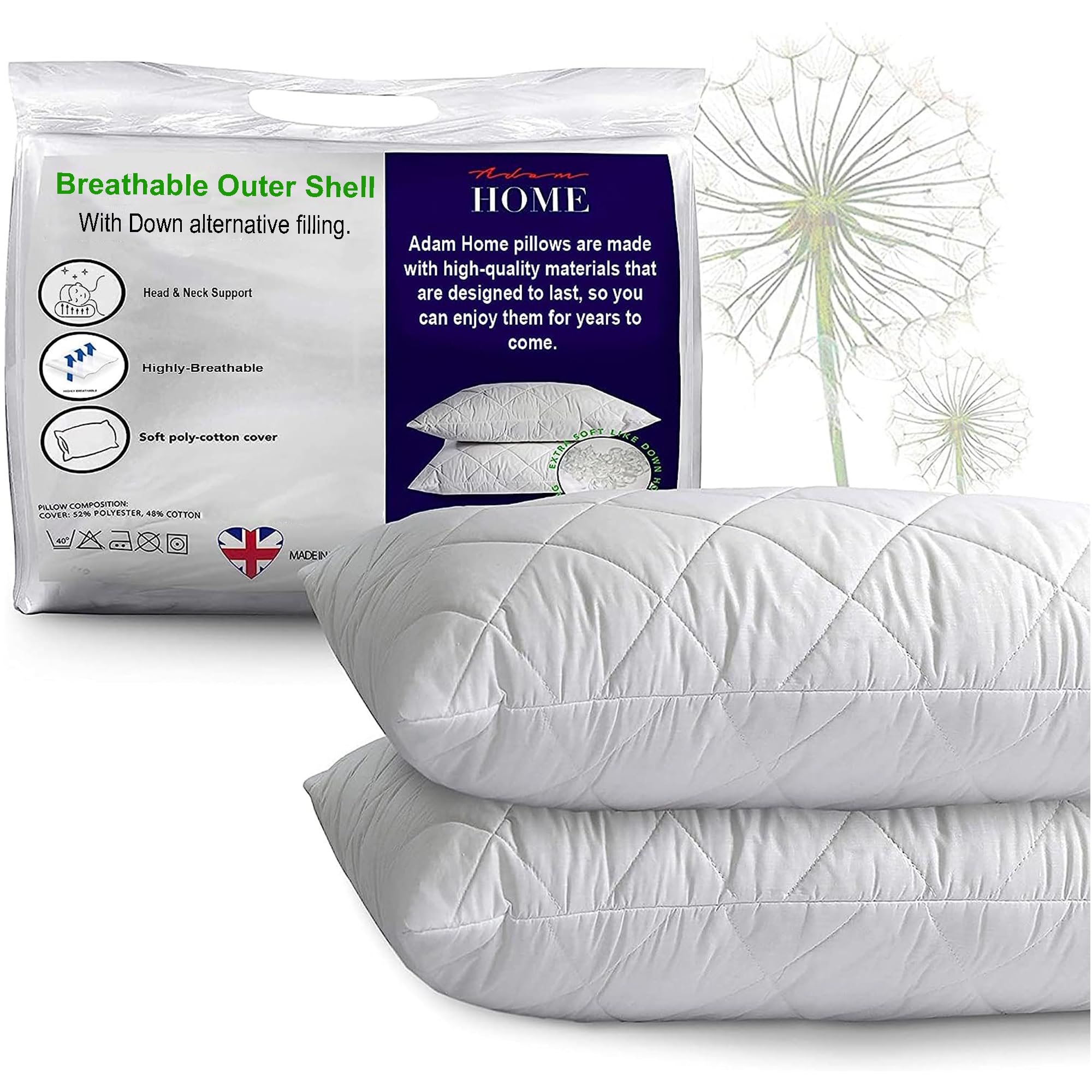 Adam Home Pillows 2 Pack Hotel Quality with Quilted Cover Hypoallergenic & Dust Mite Resistant Filling – Ideal for Stomach, Back and Side Sleepers Down Alternative Hotel Pillows
