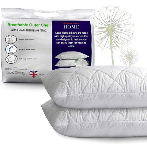 Adam Home Pillows 2 Pack Hotel Quality with Quilted Cover Hypoallergenic & Dust Mite Resistant Filling – Ideal for Stomach, Back and Side Sleepers Down Alternative Hotel Pillows