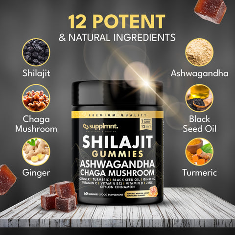 Supplmnt. 3000mg of Shilajit Gummies with 1500mg of Ashwagandha, Chaga Mushroom, Ginger, Turmeric, Black Seed Oil, Ginseng, Vitamins C, B12, D, Zinc, Ceylon Cinnamon, 60 Gummies (1 Pack)