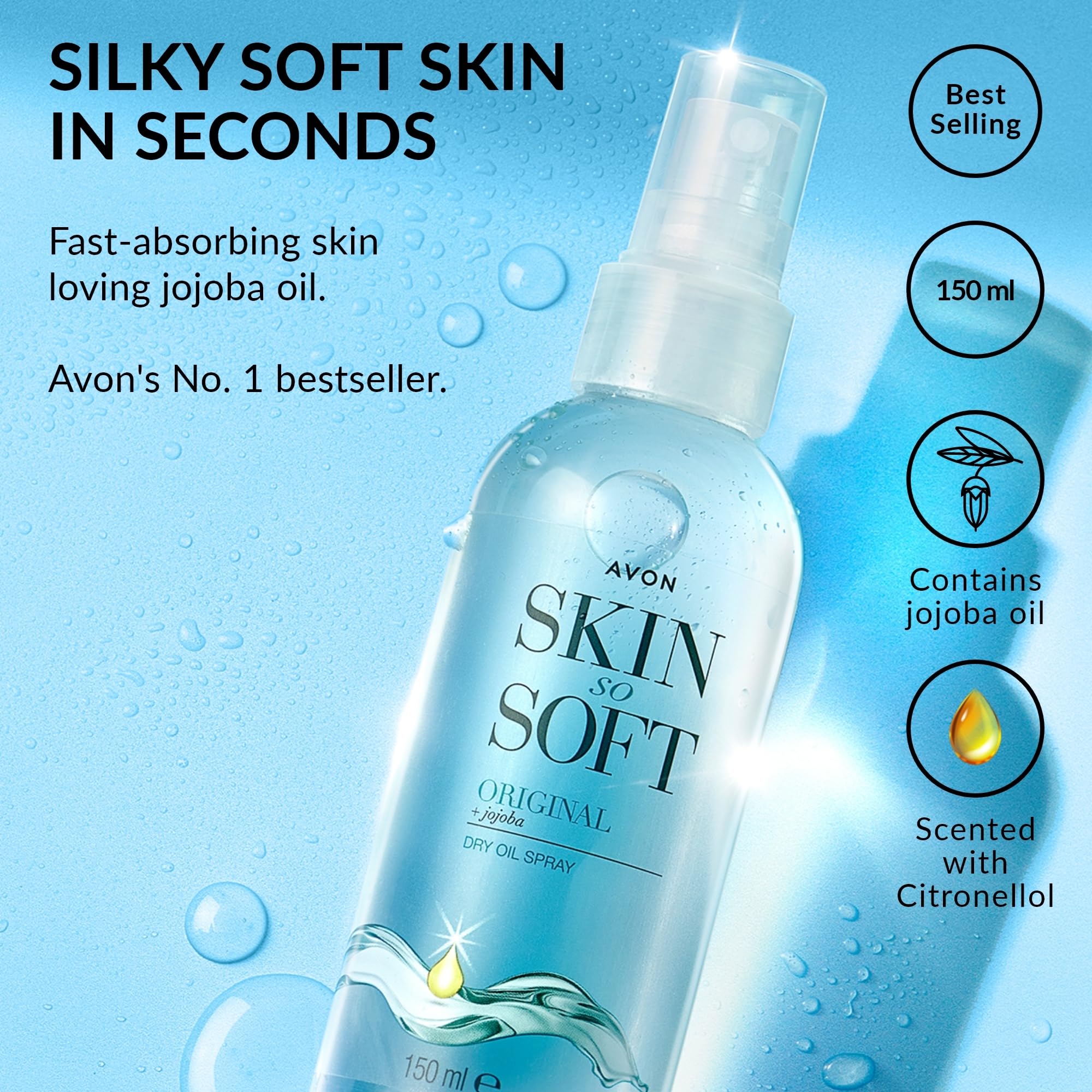 Avon Skin So Soft Dry Oil Spray 150ml | Locks in Moisture | Formulated with Jojoba Oil and Vitamin E | Quick Dry Formula | Cruelty Free,Clear