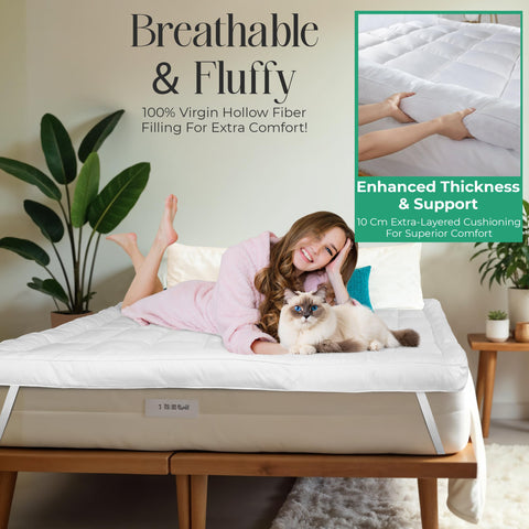 MightySoft Mattress Topper Double Bed 10cm Thick - Quilted, Extra Deep, Ultra Fluffy and Breathable Microfiber Topper, Securely Fits with Elastic Straps, Enhances Comfort & Supports Restful Sleep