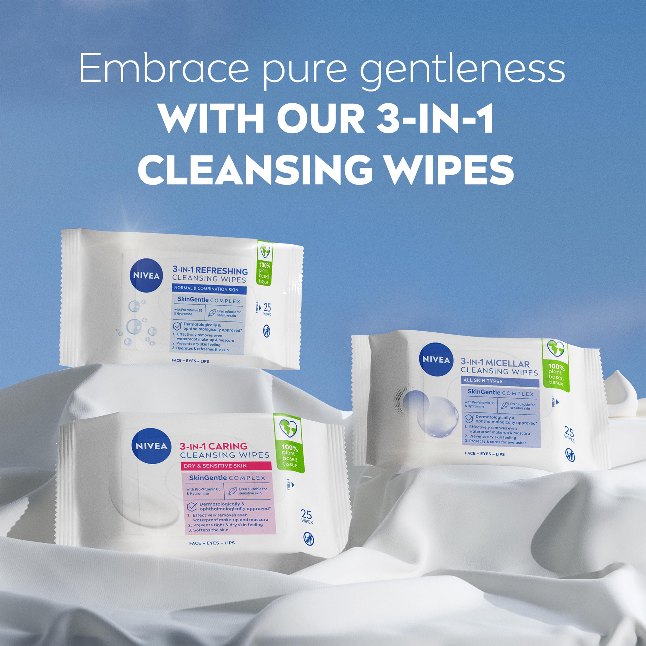 NIVEA 3in1 Caring Cleansing Wipes Dry Skin (25 Wipes), Plant-Based Makeup Remover Wipes, Face Wipes for Dry Skin, Gentle yet Effective Makeup Removal