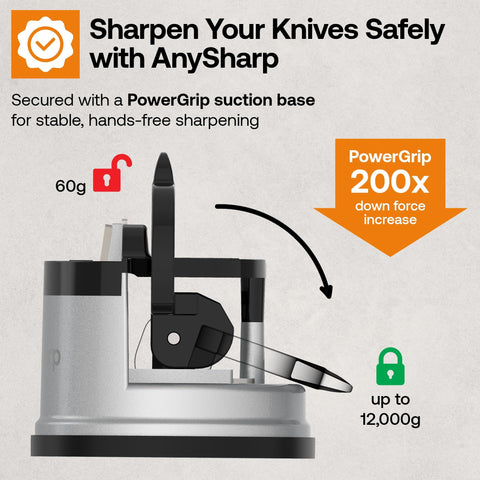 AnySharp Knife Sharpener, Hands-Free Safety, PowerGrip Suction, Safely Sharpens All Kitchen Knives, Ideal for Hardened Steel & Serrated, World's Best, Compact, One Size, Silver