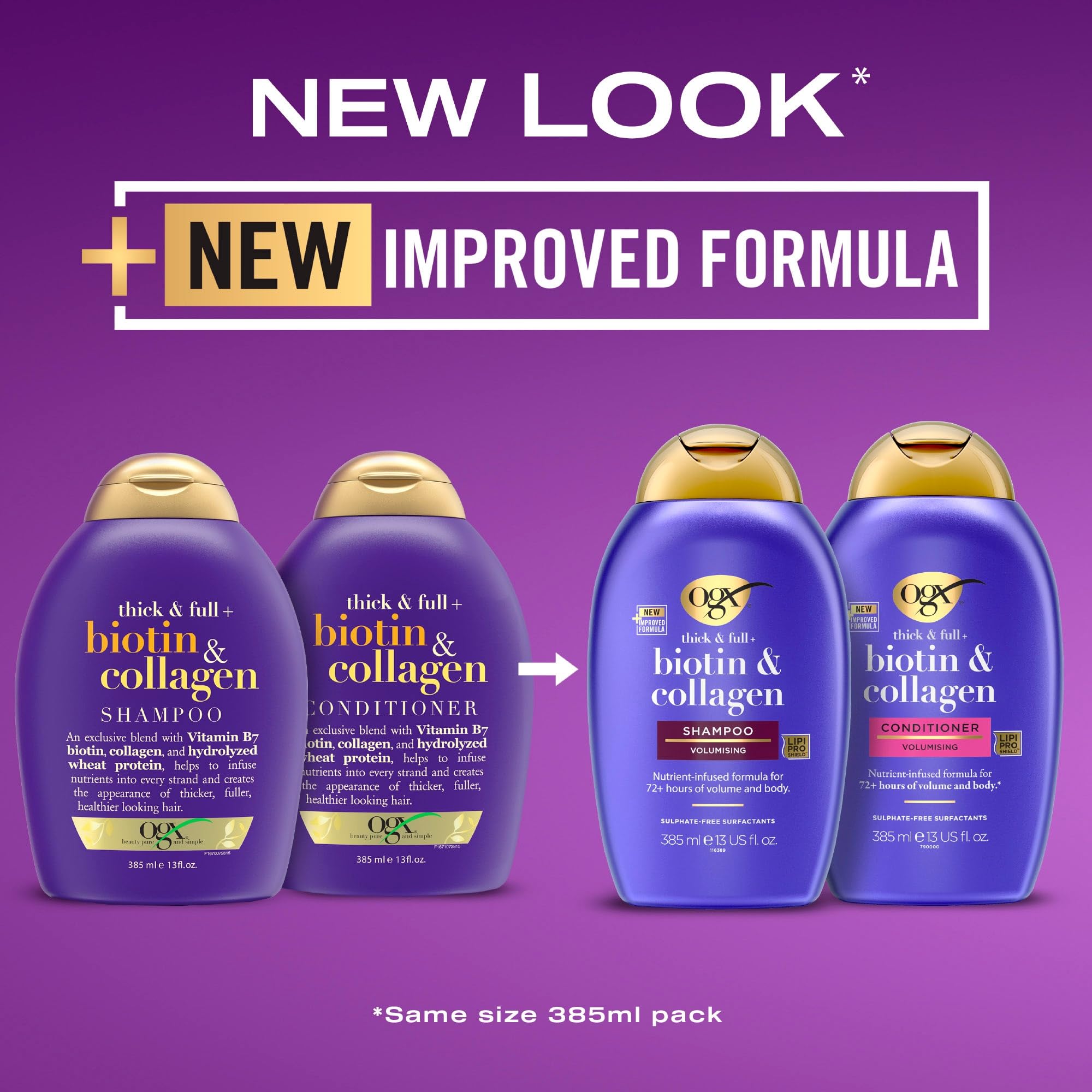OGX Biotin and Collagen Volumising Hair Shampoo, Thick and Full, with Vitamin B7 Biotin, and Collagen, for Fine Hair, Sulfate Free Surfactants, 385ml