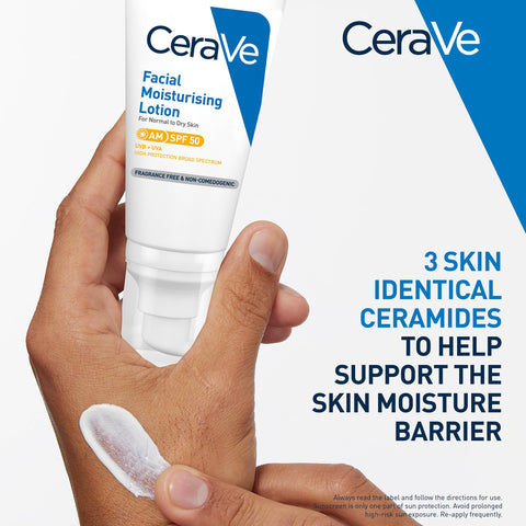CeraVe AM Facial Moisturising Lotion SPF 50 Normal To Dry Skin 52ml With UV Protection And 3 Essential Ceramides