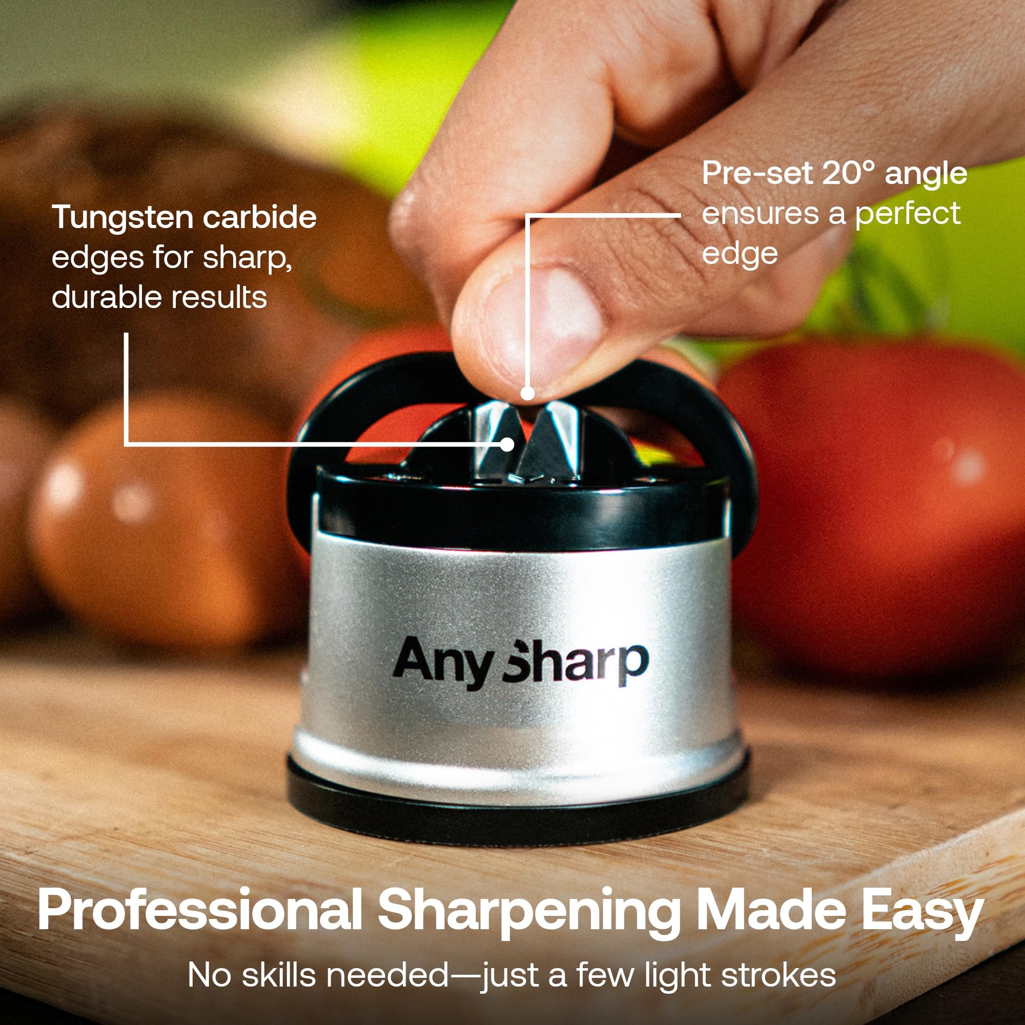 AnySharp Knife Sharpener, Hands-Free Safety, PowerGrip Suction, Safely Sharpens All Kitchen Knives, Ideal for Hardened Steel & Serrated, World's Best, Compact, One Size, Silver
