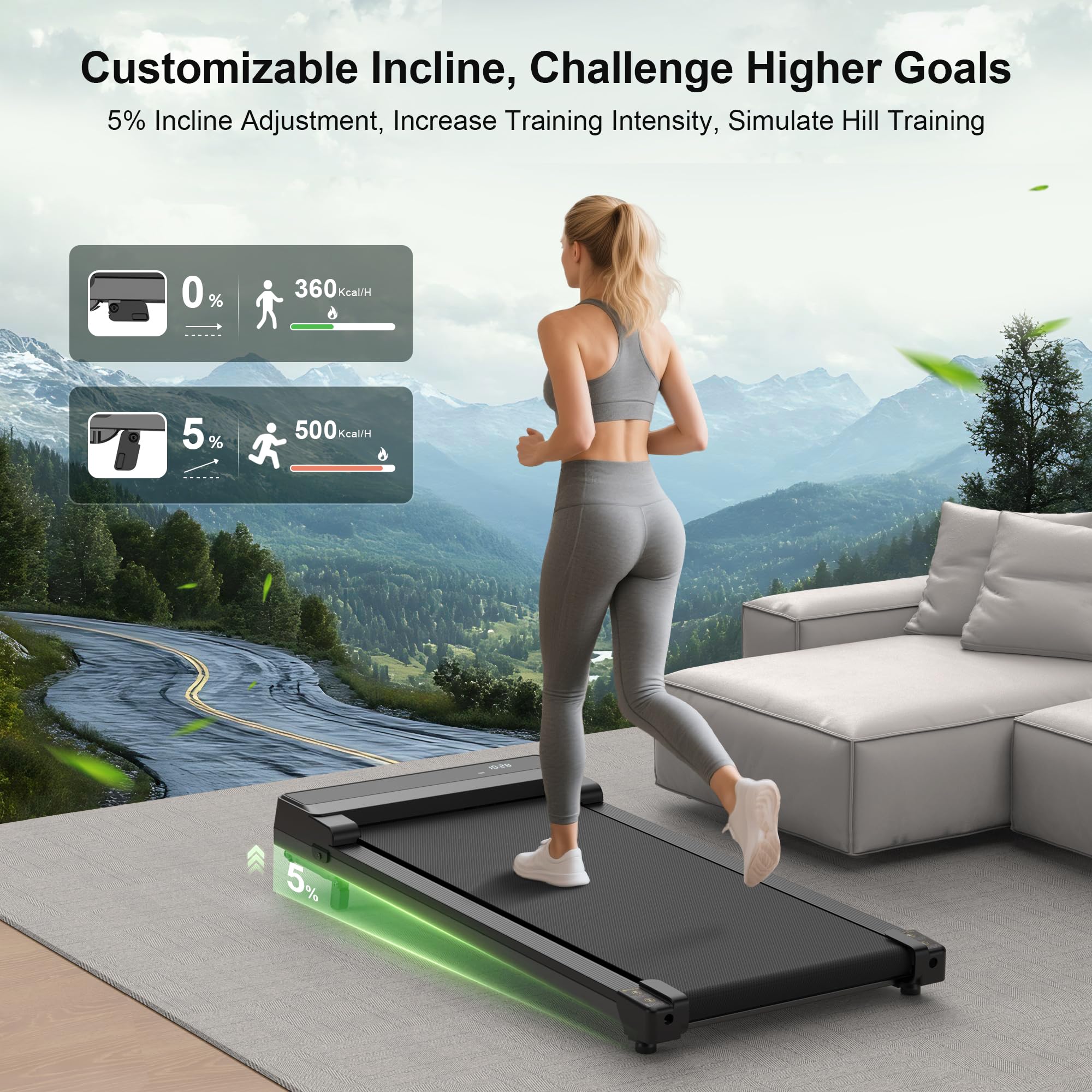 Walking Pad Treadmill with 5% Incline - Under Desk Running Machine Mat Pads for Home Office Portable Mini Small Compact Quiet Flat Indoor Magnetic Lightweight Electric Treadmills Remote Control 6KM/H