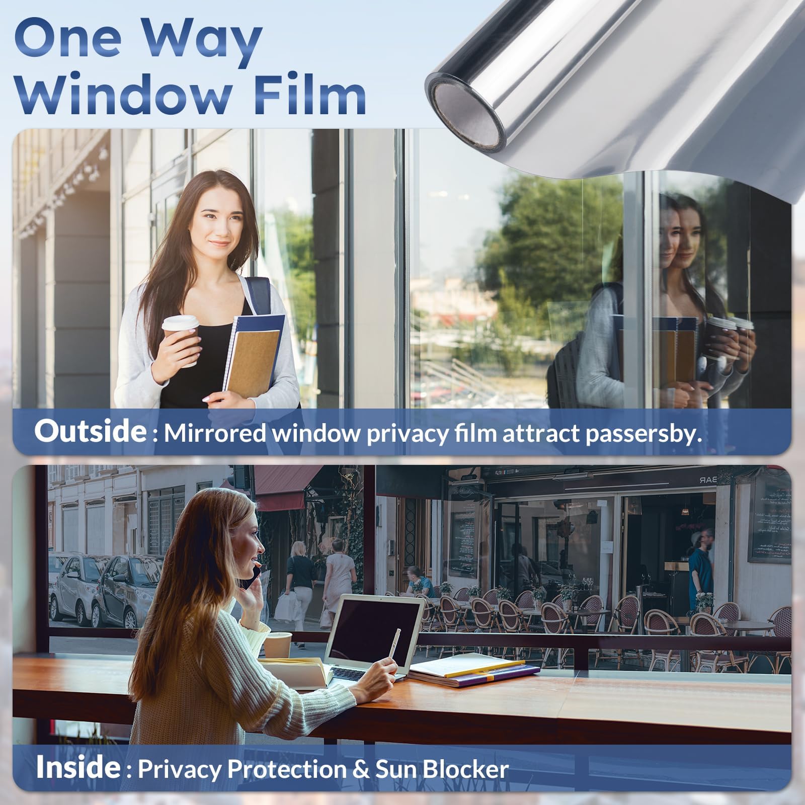 rabbitgoo Heat Reflective Window Film Privacy Film for Glass Windows, One Way Mirror Tint Sticker Sun Blocker, UV Glass Sticker Mirror Heat Reflector Thermal Solar Vinyl Silver 44.5x200cm
