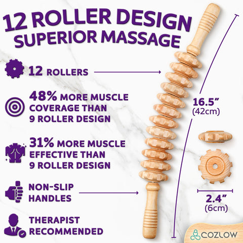 Cozlow Wooden Massage Roller Stick, Curved Wood Therapy Massage Tool for Body Sculpting, Lymphatic Drainage, Fascia Release & Reducing Cellulite Appearance, Maderoterapia Massager for Legs & Back
