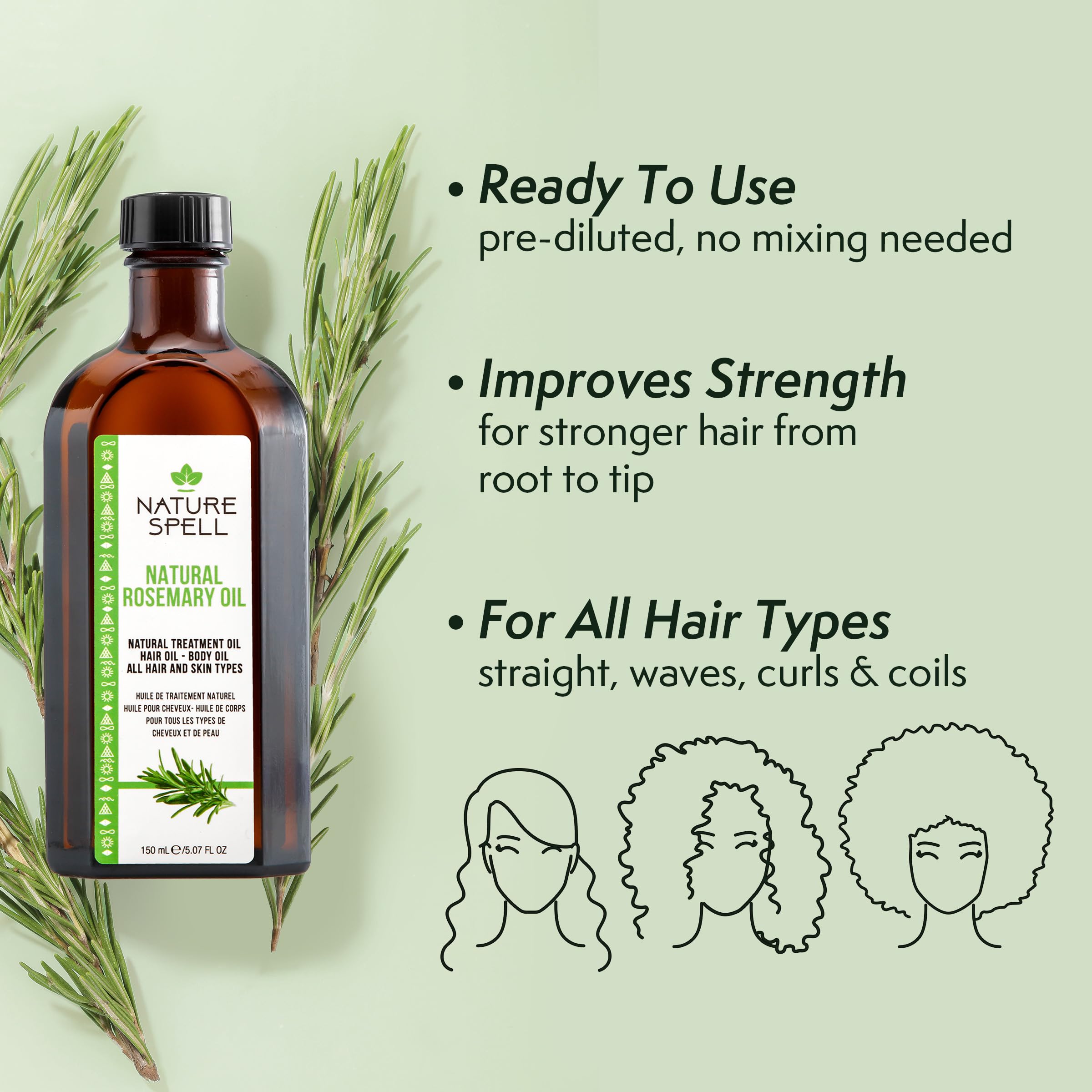 Nature Spell Rosemary Oil For Hair Growth, Pre-Diluted Hair & Scalp Oil Nourishes Dry, Damaged Hair, For Women & Men,150 ml