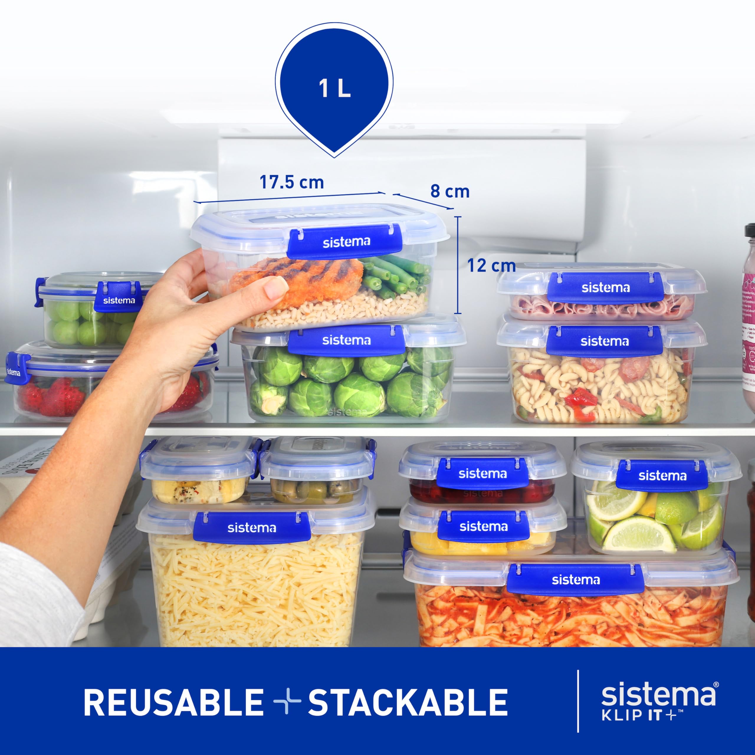 Sistema KLIP IT PLUS Leakproof Food Storage Containers | 1 L | Airtight, Stackable & Nestable Meal Prep Containers with Lids | School Lunch Boxes | BPA-Free | 3 Count