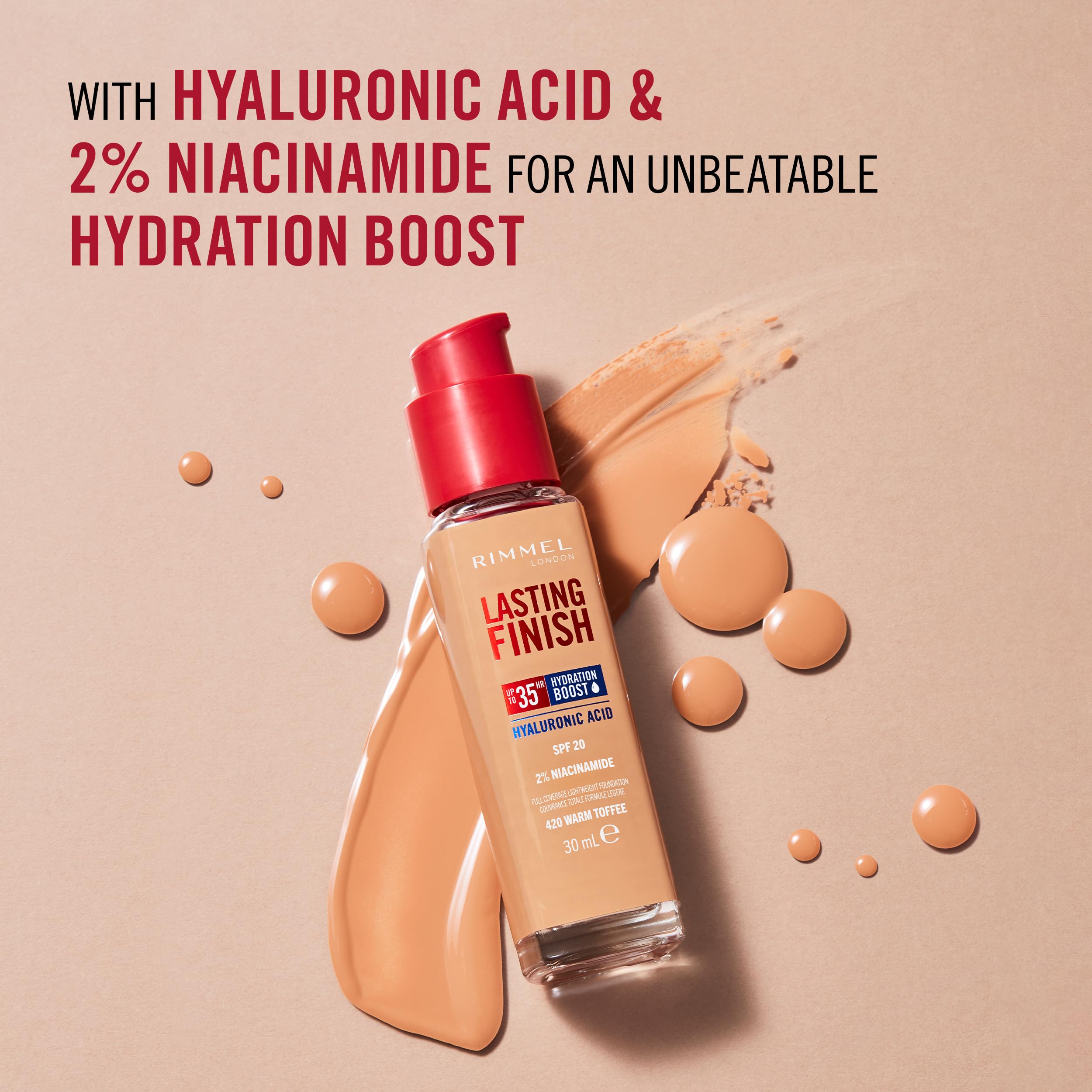 Rimmel Lasting Finish 35Hr Foundation 200 Soft Beige, Full Coverage, Hydrating, SPF20, Hyaluronic Acid, Vitamin E, 2% Niacinamide, All Day Wear, Vegan, Cruelty Free