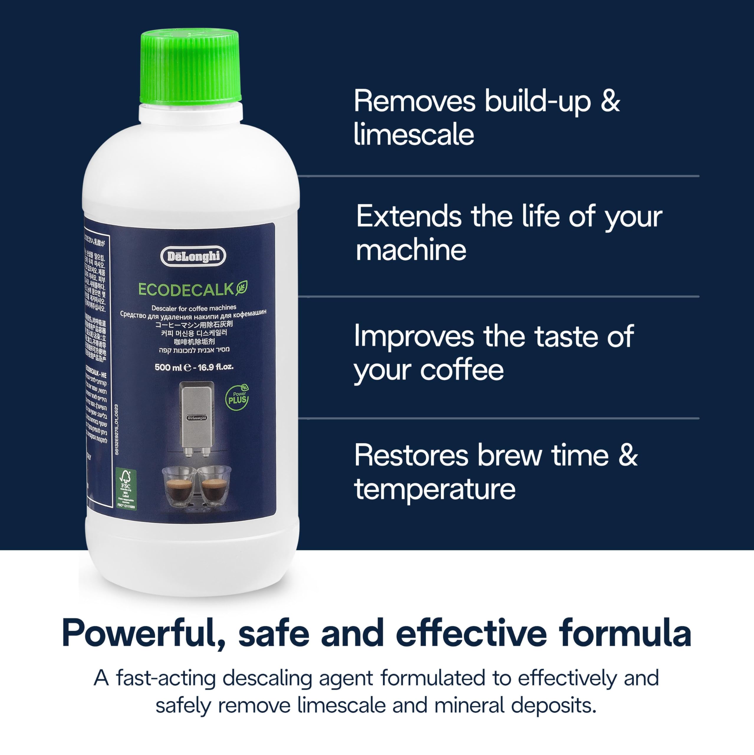 De'Longhi EcoDecalk Descaler DLSC500, 5 Decalcification Doses, Coffee Machine Descaler, Coffee Machine Maintenance Accessory, Plant-Based Ingredients, Bottle with 5 Doses, 500ml