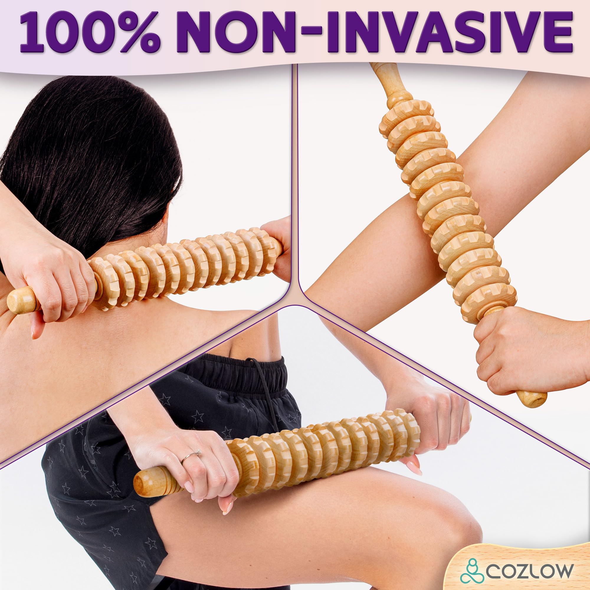 Cozlow Wooden Massage Roller Stick, Curved Wood Therapy Massage Tool for Body Sculpting, Lymphatic Drainage, Fascia Release & Reducing Cellulite Appearance, Maderoterapia Massager for Legs & Back