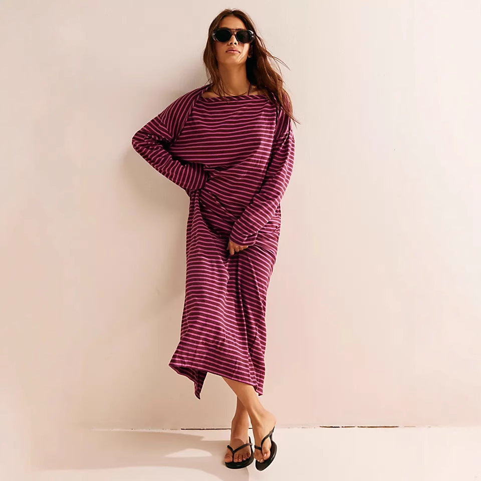 Long Sleeve Loose Long Shirt Contrasting-color Dress