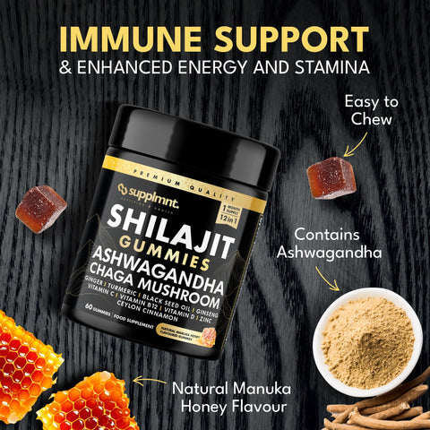 Supplmnt. 3000mg of Shilajit Gummies with 1500mg of Ashwagandha, Chaga Mushroom, Ginger, Turmeric, Black Seed Oil, Ginseng, Vitamins C, B12, D, Zinc, Ceylon Cinnamon, 60 Gummies (1 Pack)