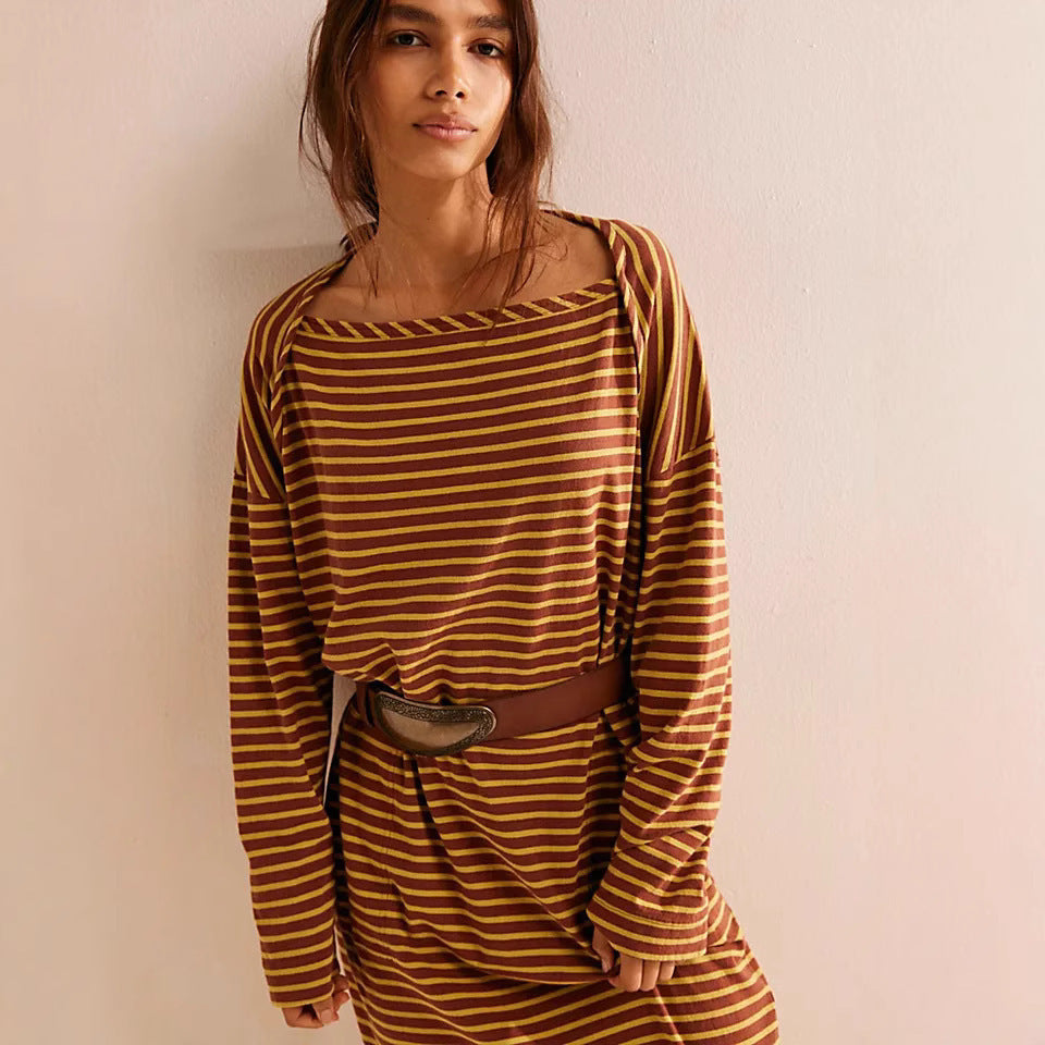 Long Sleeve Loose Long Shirt Contrasting-color Dress