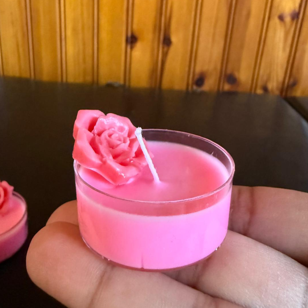 Rose Tealight Candles – Pack of 4 | Pink Flower Scented Mini Candles for Decor & Gifting