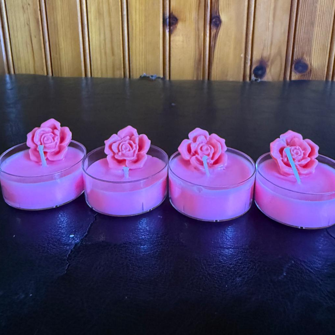 Rose Tealight Candles – Pack of 4 | Pink Flower Scented Mini Candles for Decor & Gifting