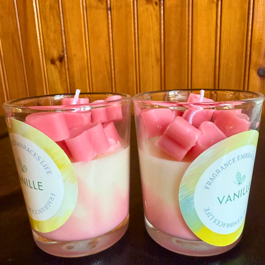 Vanilla Scented Heart Candle – Handmade Layered Candle with Pink Heart Wax Melts (8 oz)