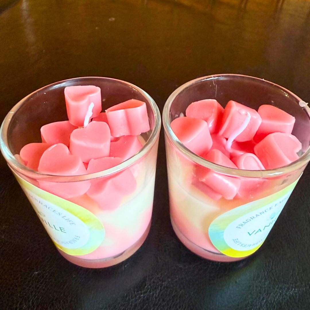 Vanilla Scented Heart Candle – Handmade Layered Candle with Pink Heart Wax Melts (8 oz)