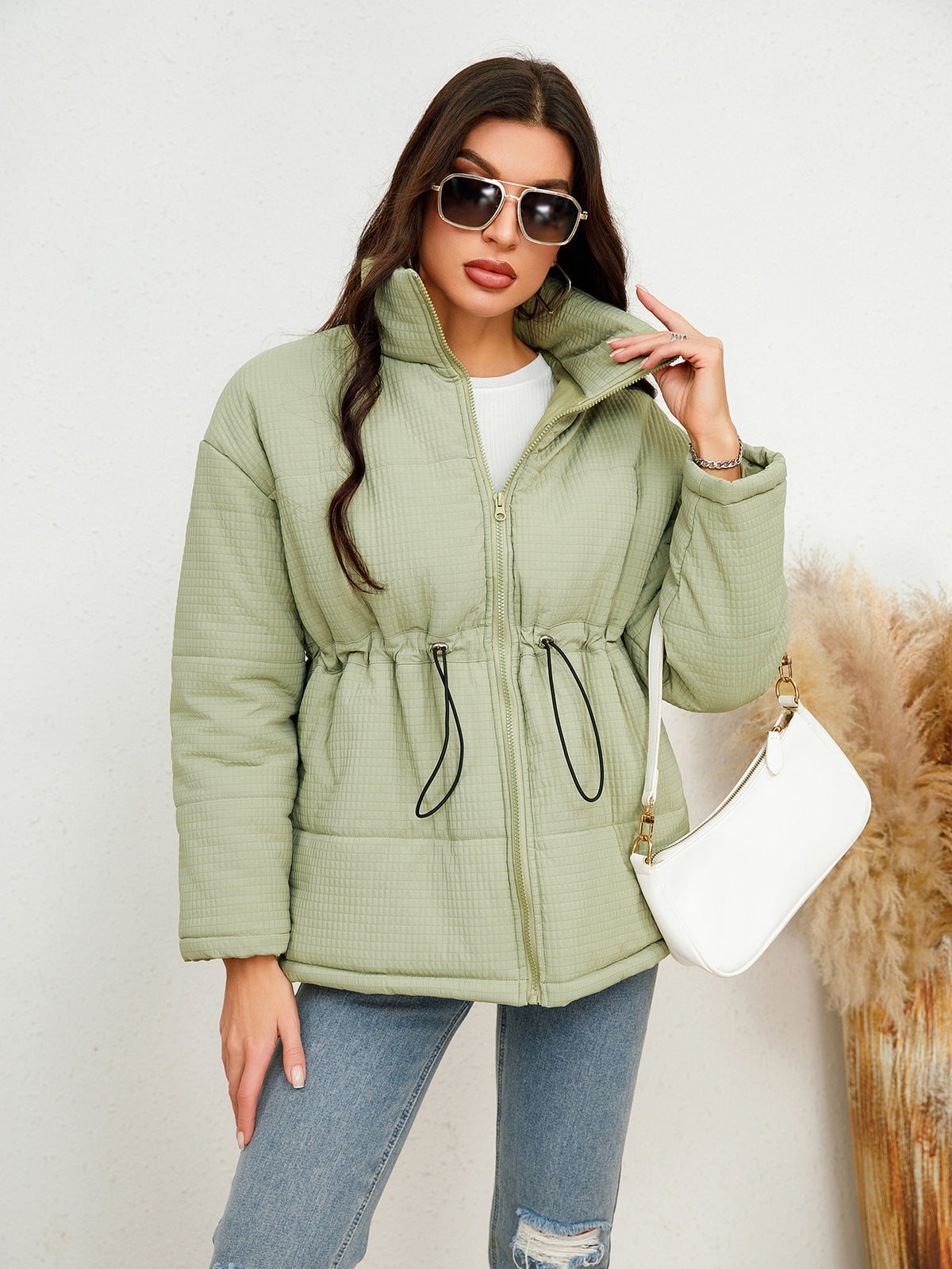 Women's Zipper Cinched Drawstring Cotton Coat Jacket