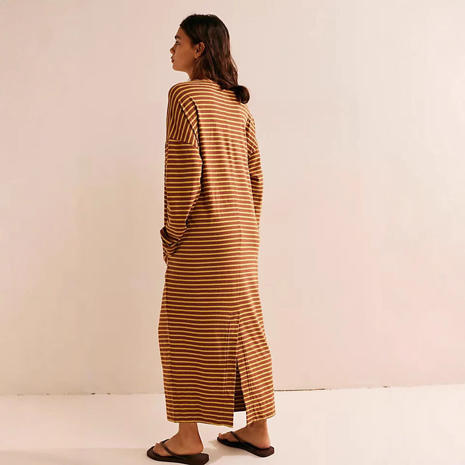 Long Sleeve Loose Long Shirt Contrasting-color Dress