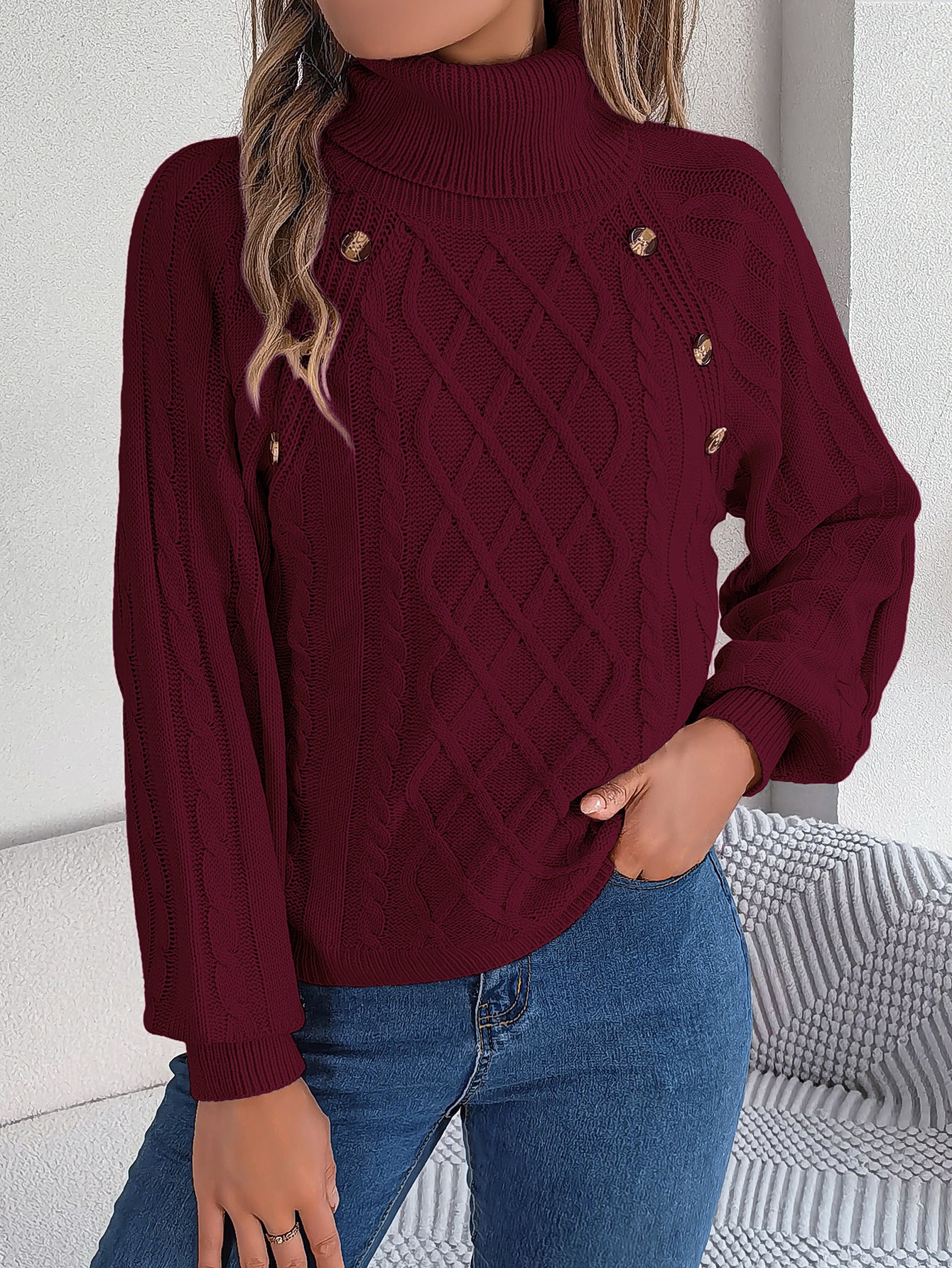 Casual Buttons Cable-knit Turtleneck Lantern Sleeve Pullover Sweater