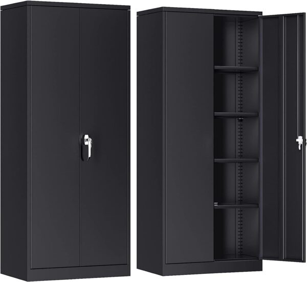SUPEER Metal Storage Cabinet with 2 Door and 4 Adjustable Shelves,180CM Tall Steel Cabinet for Warehouse,Garage,Home,Office,Easy Assemble Required(Black)