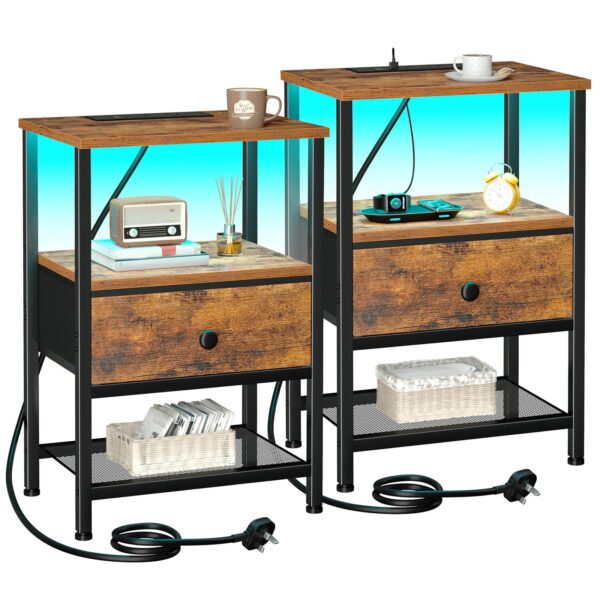 AMHANCIBLE Bedside Table Set of 2 with Charging Station, Small Side Table with LED Lights, Nightstand with Fabric Drawer and Open Storage Shelf, Bedside Cabinets for Living Room, Bedroom Rustic Brown
