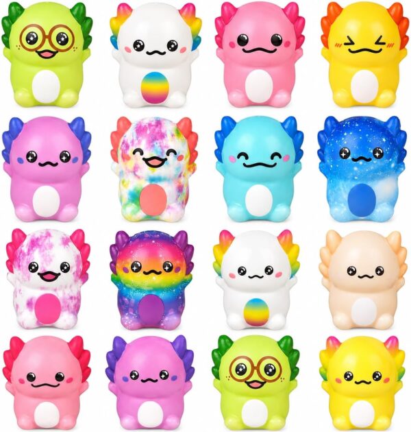 16Pcs Axolotl Squishy, Squishy Axolotl, Mini Soft Squeeze Figures for Desk Decor and Party Favours, Set of 16