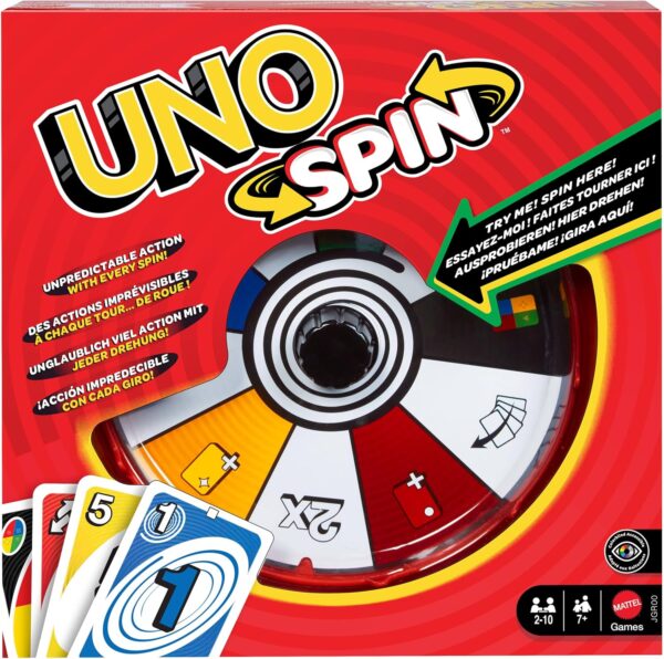 Mattel Games UNO Spin Card Game, Ages 7+, 2-10 PlayersUNO Spin offers a revolutionary take on the classic game of UNO with a spinner that can change the game! Players take turns playing their UNO cards, but when the spin card is played, they spin the wheel and follow the instructions. With different commands like Color Draw, Swap Hands, Color Discard and Double Spin, the game can take a complete turn. Special graphic symbols added to each card help identify the color(s) on that card, allowing players with any form of color blindness to play! Everyone in the family ages 7 years old and up participate in the frenzy that evolves with UNO Spin!